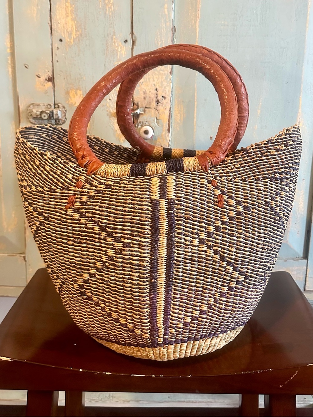 Woven Straw Basket Tote Bag with Brown Leather Handles - Natural/Navy - Picture 2 of 7